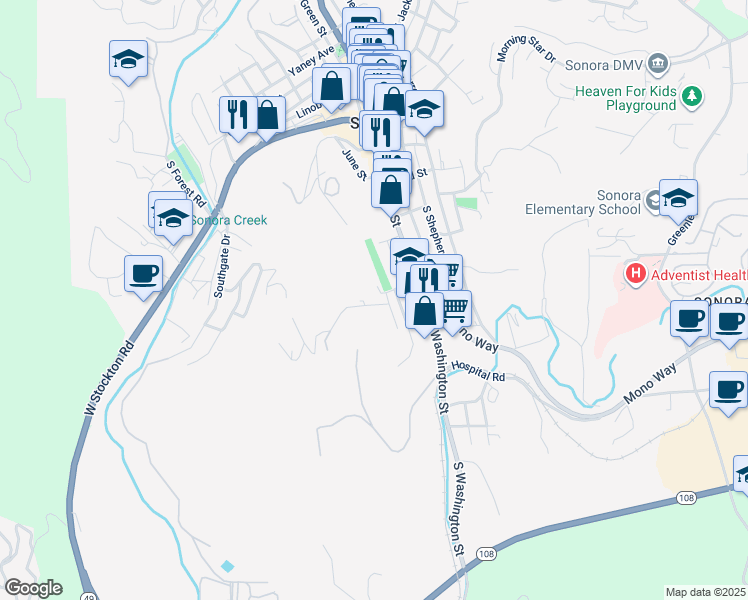 map of restaurants, bars, coffee shops, grocery stores, and more near 108 West Sunset Street in Sonora