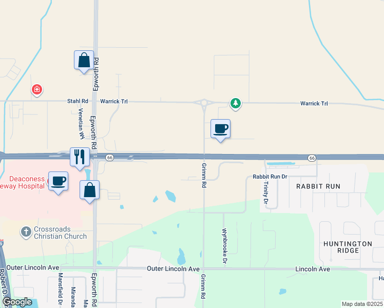 map of restaurants, bars, coffee shops, grocery stores, and more near 10044 Indiana 66 in Newburgh