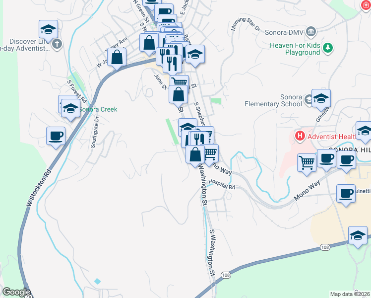 map of restaurants, bars, coffee shops, grocery stores, and more near 582 Olive Street in Sonora