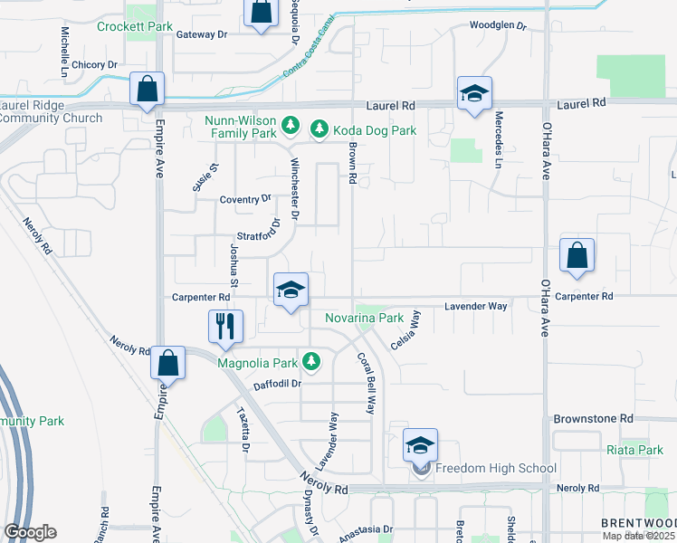 map of restaurants, bars, coffee shops, grocery stores, and more near 1520 Carpenter Road in Oakley