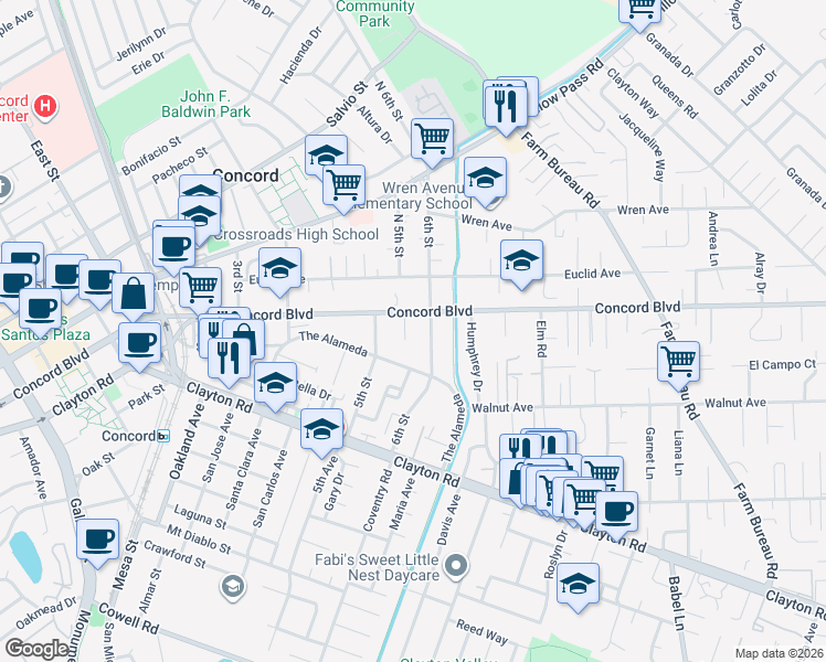 map of restaurants, bars, coffee shops, grocery stores, and more near 1741 6th Street in Concord