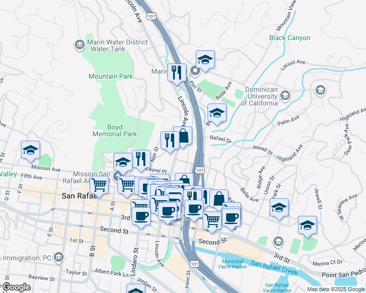 map of restaurants, bars, coffee shops, grocery stores, and more near 75 Plum Tree Lane in San Rafael