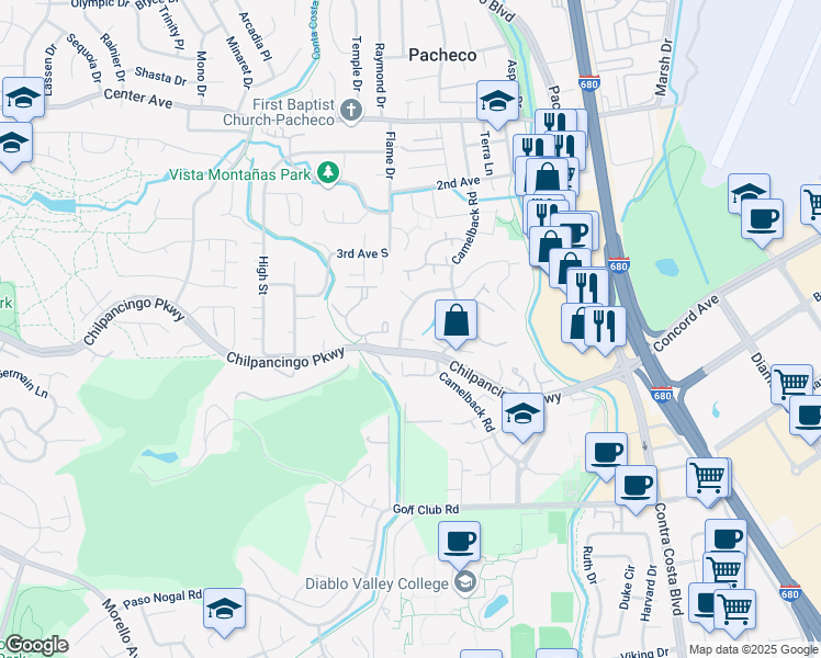 map of restaurants, bars, coffee shops, grocery stores, and more near 373 Scottsdale Road in Pleasant Hill