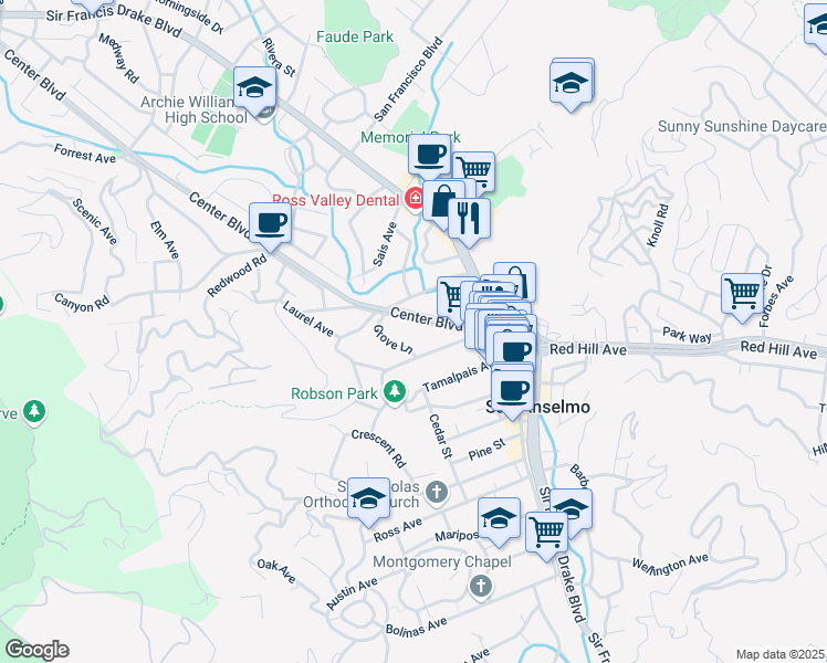 map of restaurants, bars, coffee shops, grocery stores, and more near 849 San Anselmo Avenue in San Anselmo