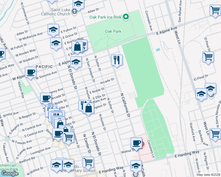 map of restaurants, bars, coffee shops, grocery stores, and more near 418 East Noble Street in Stockton