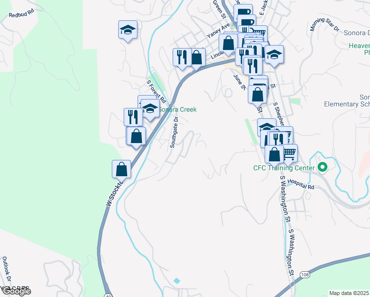 map of restaurants, bars, coffee shops, grocery stores, and more near 331 Sonora Avenue in Sonora