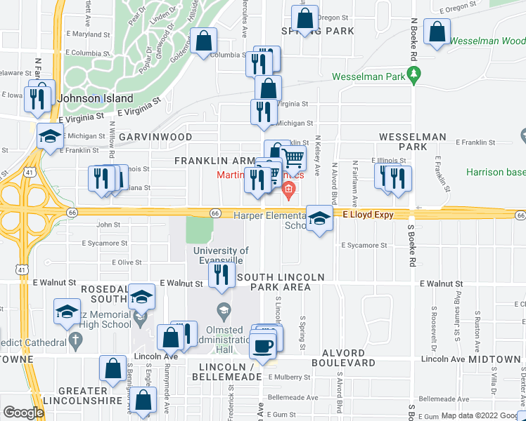 map of restaurants, bars, coffee shops, grocery stores, and more near East Lloyd Expressway in Evansville