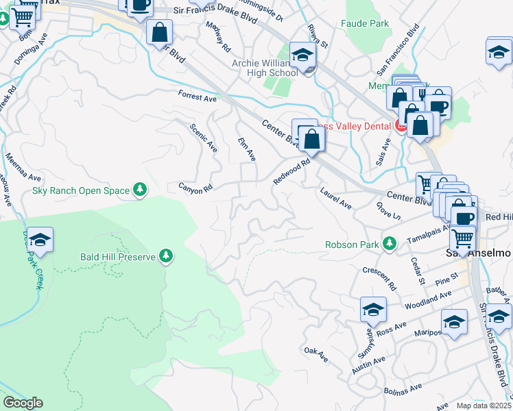 map of restaurants, bars, coffee shops, grocery stores, and more near 194 Floribel Avenue in San Anselmo