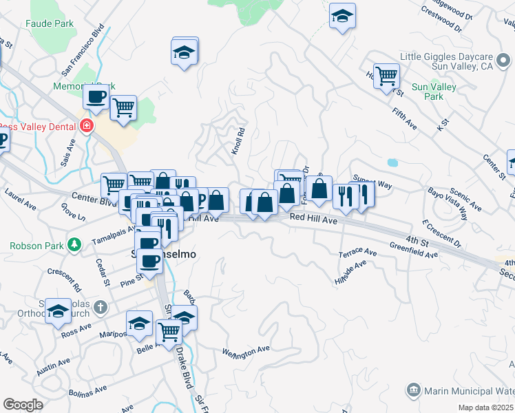 map of restaurants, bars, coffee shops, grocery stores, and more near 40 Park Way in San Anselmo