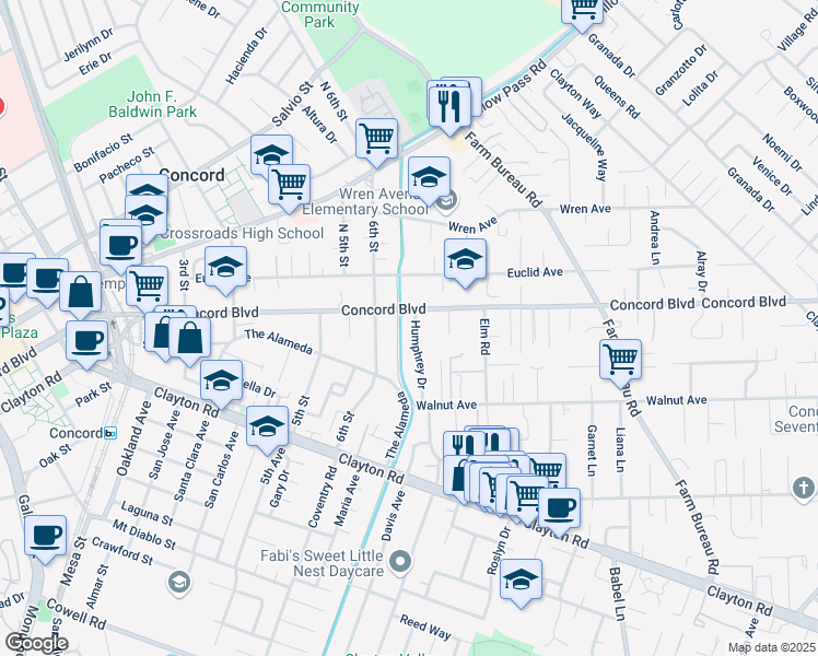 map of restaurants, bars, coffee shops, grocery stores, and more near 1745 Humphrey Drive in Concord