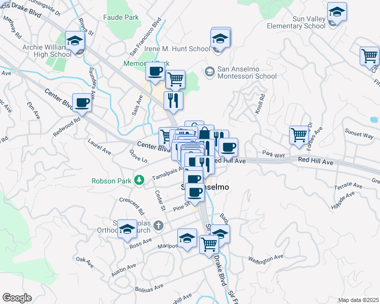 map of restaurants, bars, coffee shops, grocery stores, and more near 100 Center Boulevard in San Anselmo