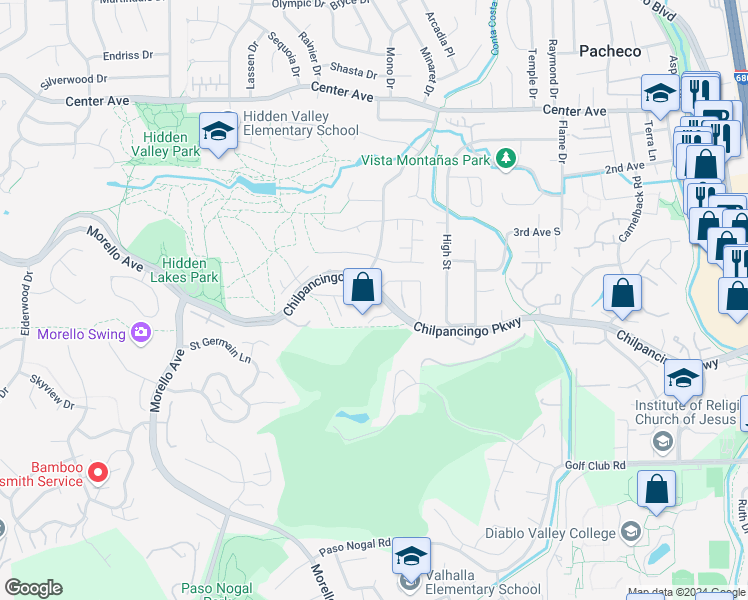 map of restaurants, bars, coffee shops, grocery stores, and more near 2308 Lake Park Court in Martinez