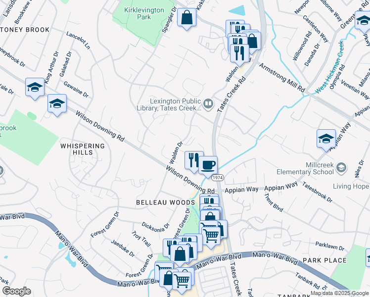map of restaurants, bars, coffee shops, grocery stores, and more near 605 Waxwing Way in Lexington