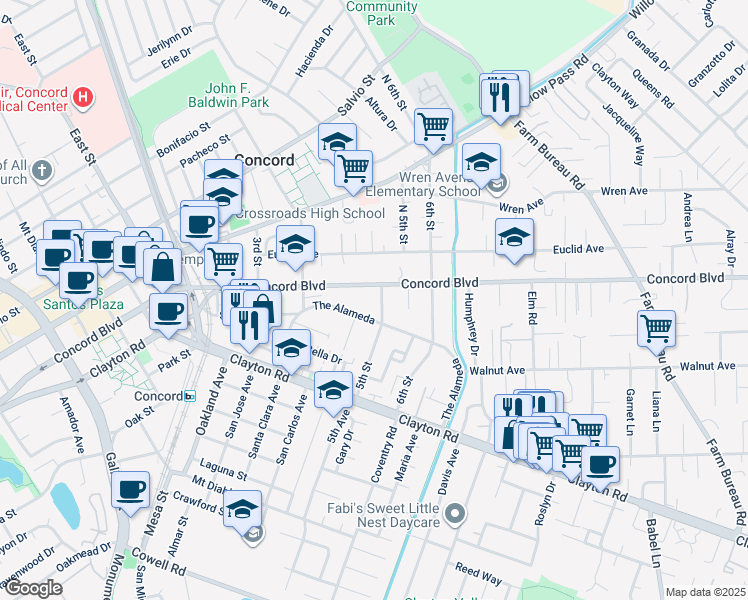 map of restaurants, bars, coffee shops, grocery stores, and more near 1730 5th Street in Concord