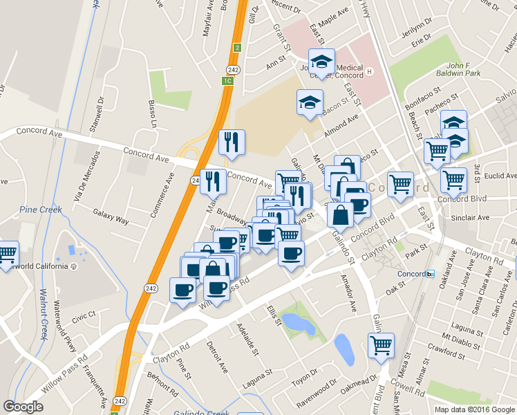 map of restaurants, bars, coffee shops, grocery stores, and more near 2130 California Street in Concord