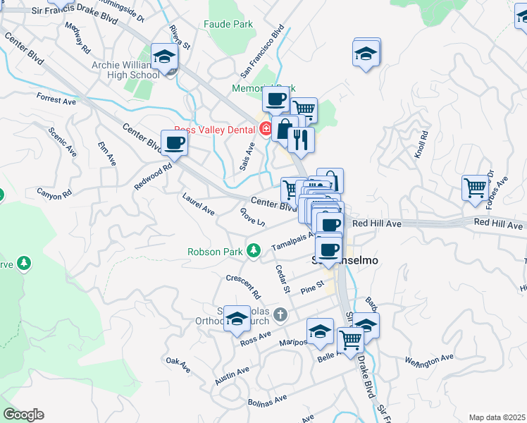 map of restaurants, bars, coffee shops, grocery stores, and more near 849 San Anselmo Avenue in San Anselmo