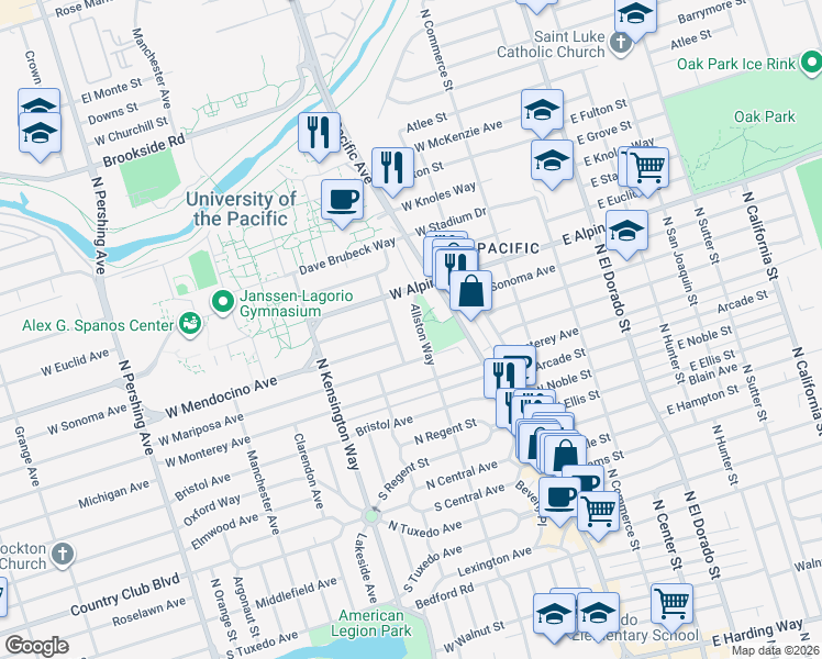 map of restaurants, bars, coffee shops, grocery stores, and more near 3047 Allston Way in Stockton