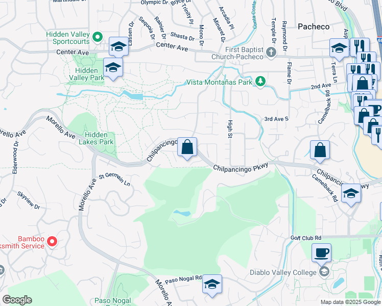 map of restaurants, bars, coffee shops, grocery stores, and more near 2308 Lake Park Court in Martinez