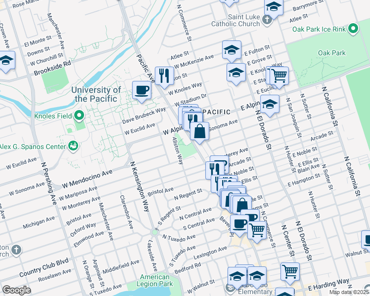 map of restaurants, bars, coffee shops, grocery stores, and more near 3021 Pacific Avenue in Stockton