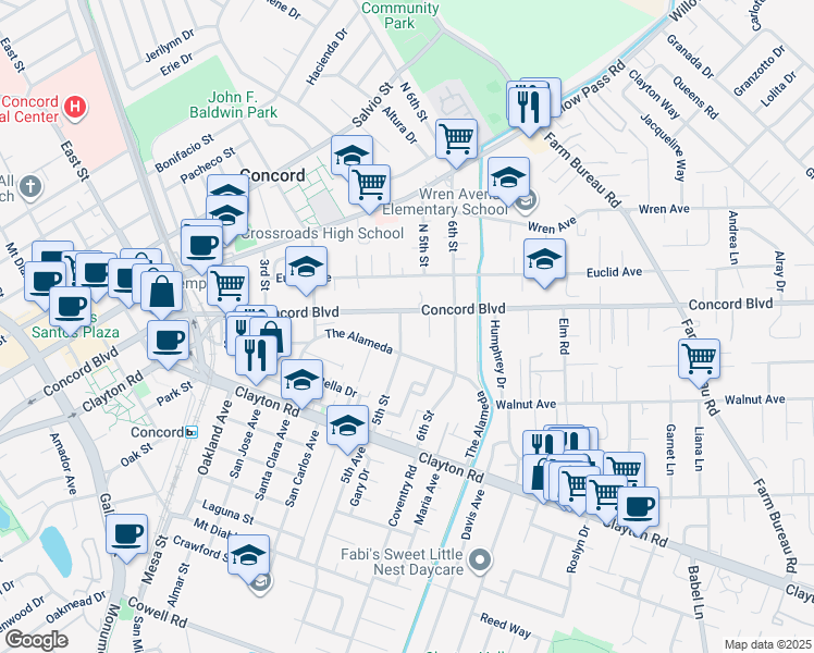 map of restaurants, bars, coffee shops, grocery stores, and more near 1730 5th Street in Concord