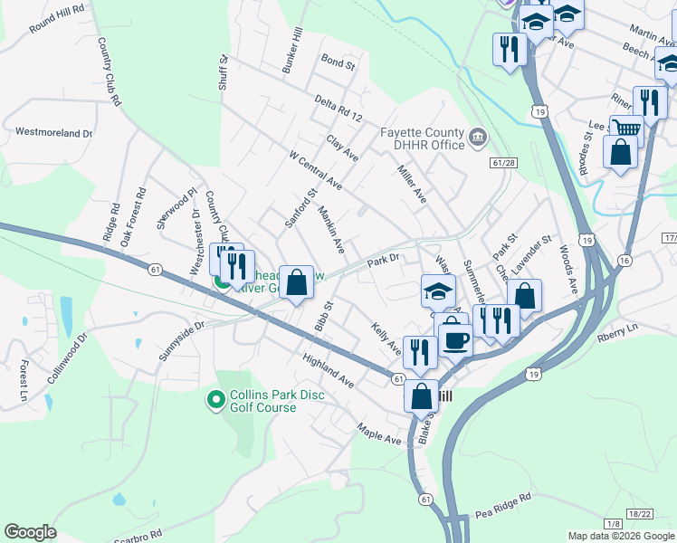 map of restaurants, bars, coffee shops, grocery stores, and more near County Route 18/11 in Oak Hill