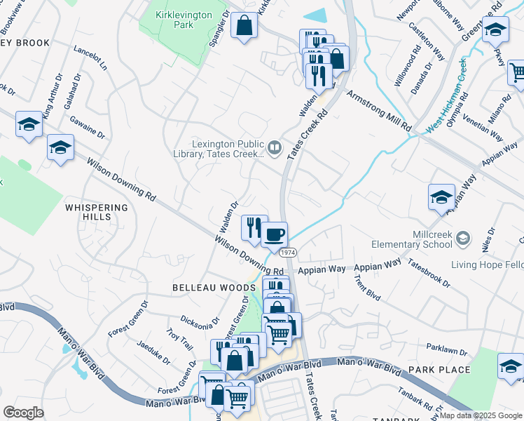 map of restaurants, bars, coffee shops, grocery stores, and more near 3815 Sugar Creek Drive in Lexington