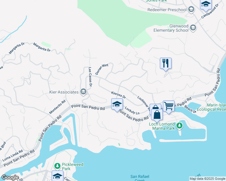 map of restaurants, bars, coffee shops, grocery stores, and more near 108 Kinross Drive in San Rafael