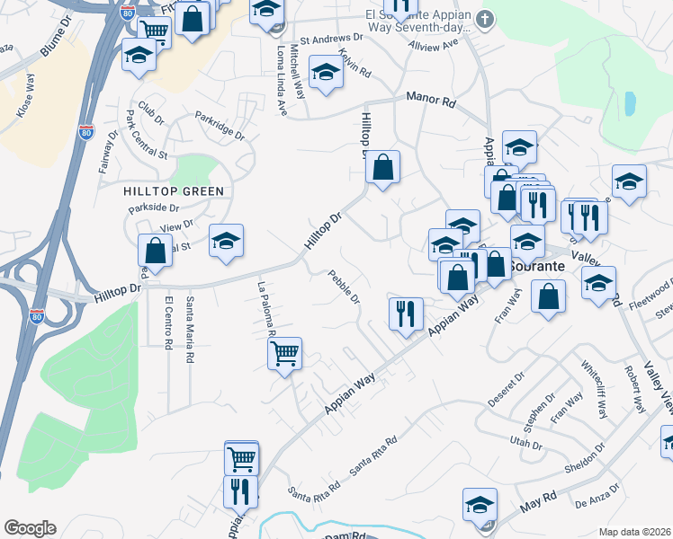 map of restaurants, bars, coffee shops, grocery stores, and more near 636 Pebble Drive in El Sobrante