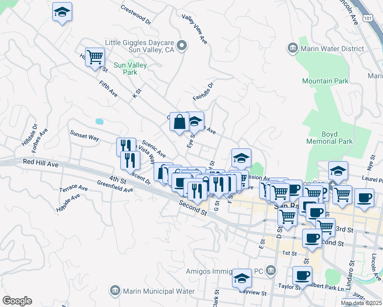 map of restaurants, bars, coffee shops, grocery stores, and more near 46 Harcourt Street in San Rafael