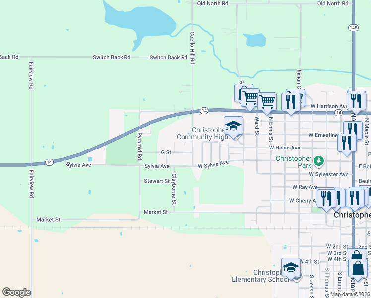 map of restaurants, bars, coffee shops, grocery stores, and more near Arthur Avenue in Christopher