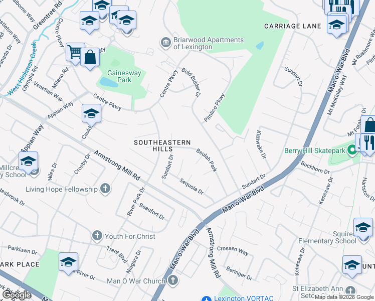 map of restaurants, bars, coffee shops, grocery stores, and more near 1324 Beulah Park in Lexington
