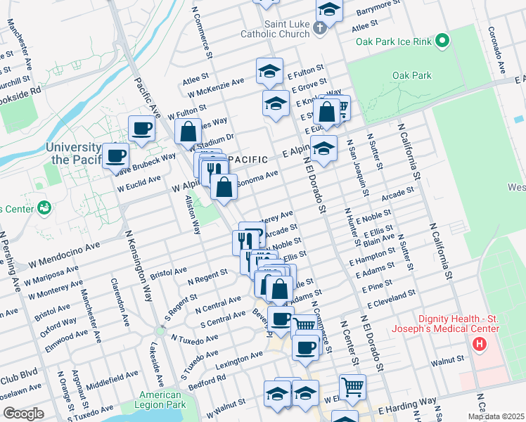 map of restaurants, bars, coffee shops, grocery stores, and more near 74 West Mariposa Avenue in Stockton