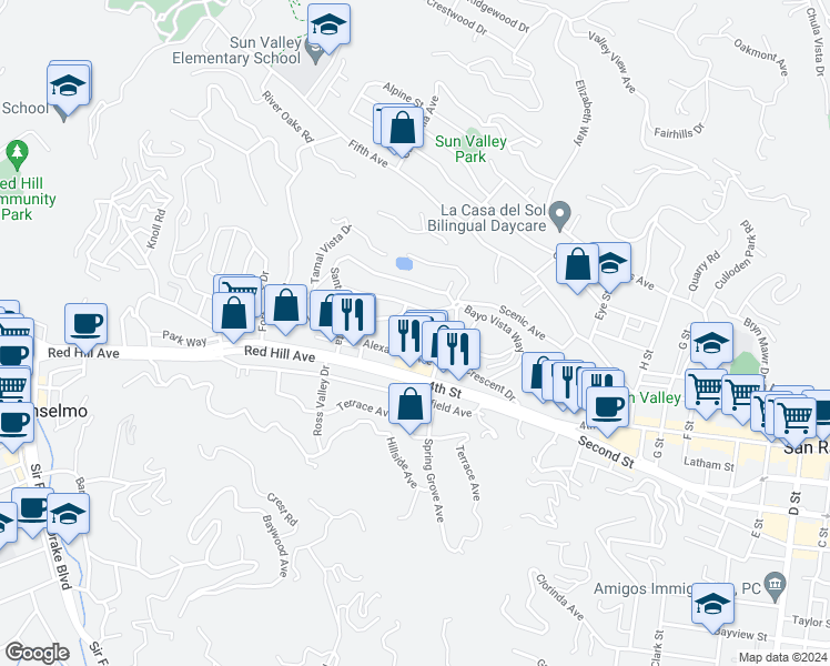 map of restaurants, bars, coffee shops, grocery stores, and more near 14 Belloreid Avenue in San Rafael