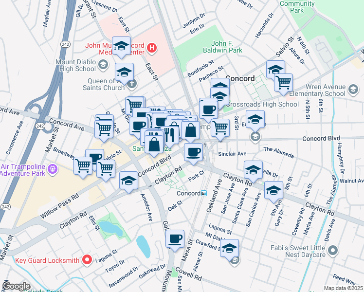 map of restaurants, bars, coffee shops, grocery stores, and more near 2307 Colfax Street in Concord