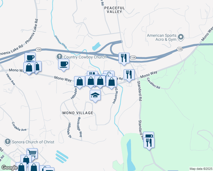 map of restaurants, bars, coffee shops, grocery stores, and more near 14673 Mono Way in Sonora