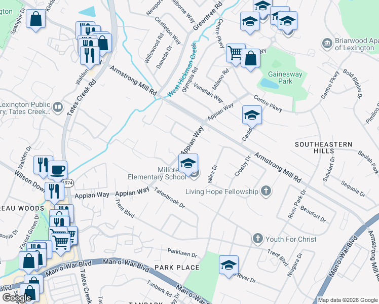 map of restaurants, bars, coffee shops, grocery stores, and more near 3640 Appian Way in Lexington