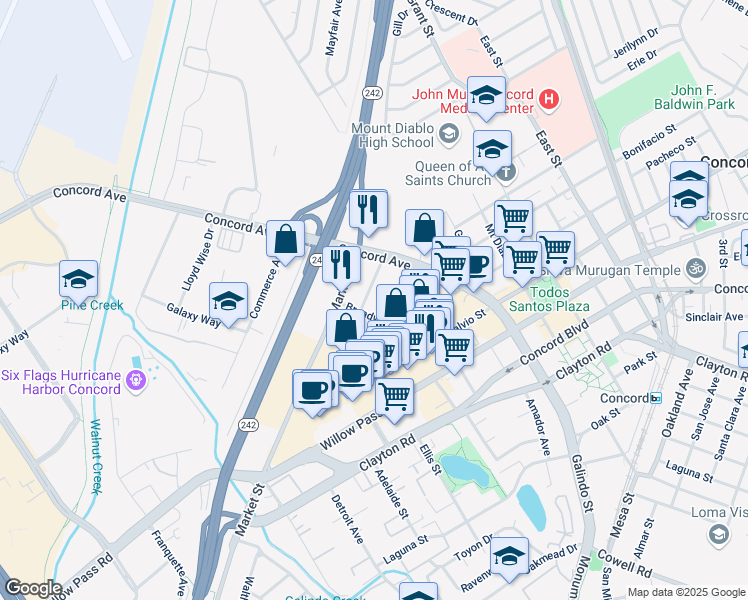 map of restaurants, bars, coffee shops, grocery stores, and more near 2108 Fremont Street in Concord