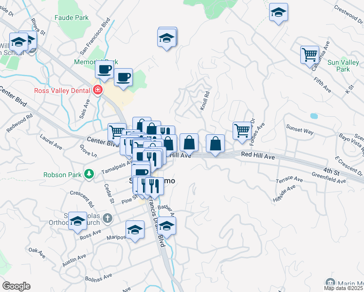 map of restaurants, bars, coffee shops, grocery stores, and more near 51 Essex Street in San Anselmo