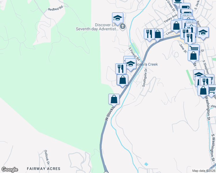 map of restaurants, bars, coffee shops, grocery stores, and more near 86 Cottage Court in Sonora