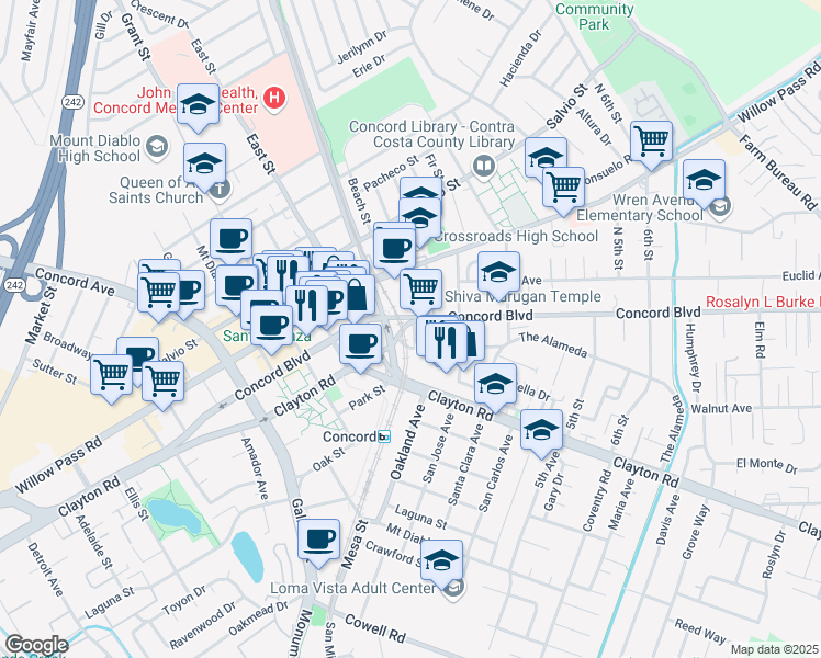 map of restaurants, bars, coffee shops, grocery stores, and more near 1751 1st Street in Concord
