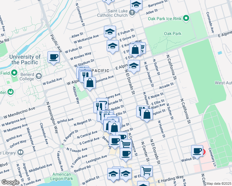 map of restaurants, bars, coffee shops, grocery stores, and more near 21 West Monterey Avenue in Stockton