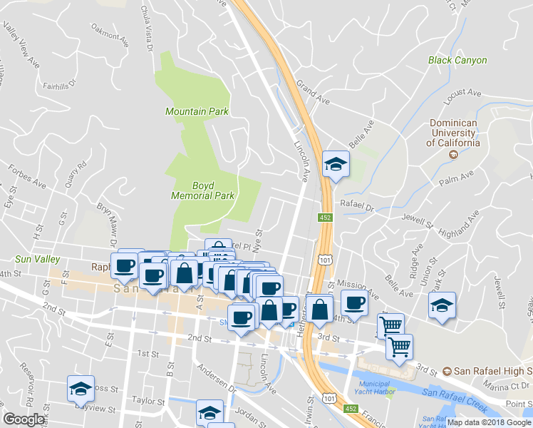 map of restaurants, bars, coffee shops, grocery stores, and more near 1426 Nye Street in San Rafael