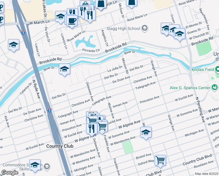 map of restaurants, bars, coffee shops, grocery stores, and more near 2065 Christina Avenue in Stockton
