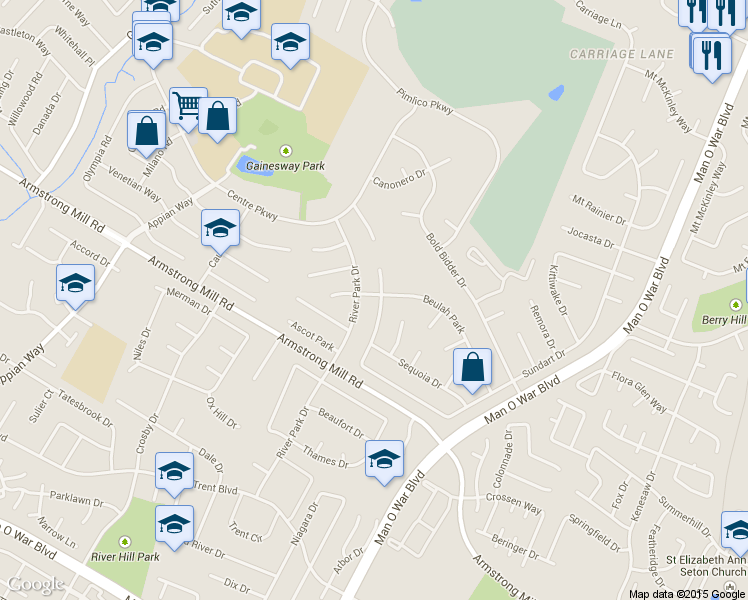 map of restaurants, bars, coffee shops, grocery stores, and more near 1296 Beulah Park in Lexington