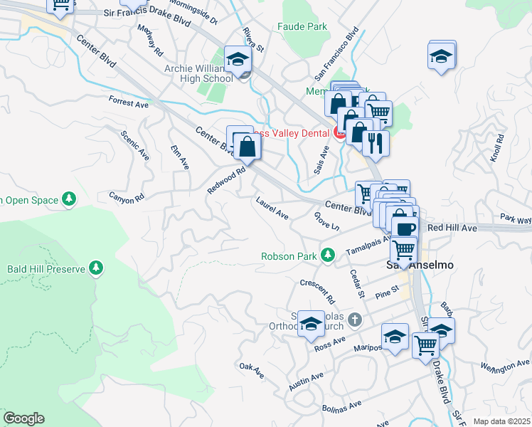 map of restaurants, bars, coffee shops, grocery stores, and more near 110 Laurel Avenue in San Anselmo