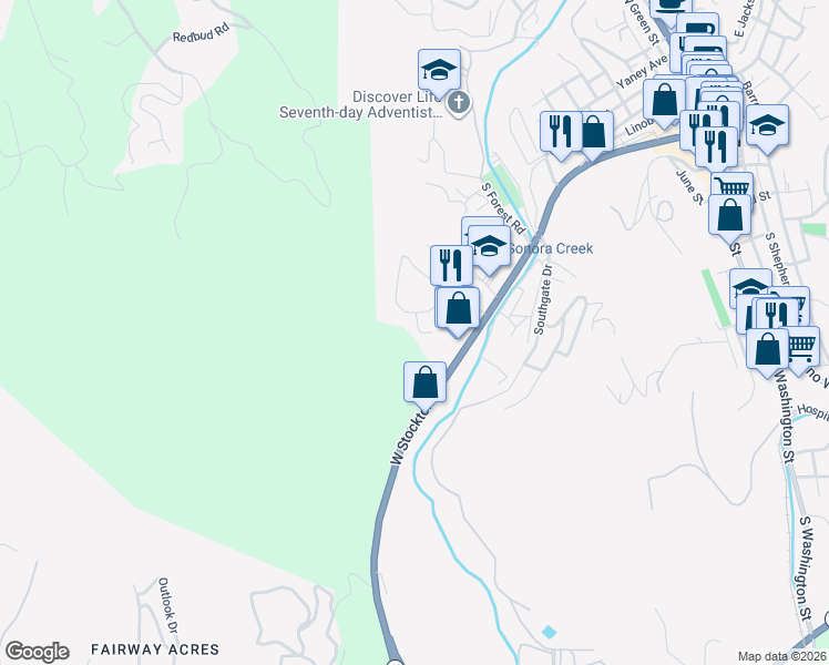 map of restaurants, bars, coffee shops, grocery stores, and more near 86 Cottage Court in Sonora