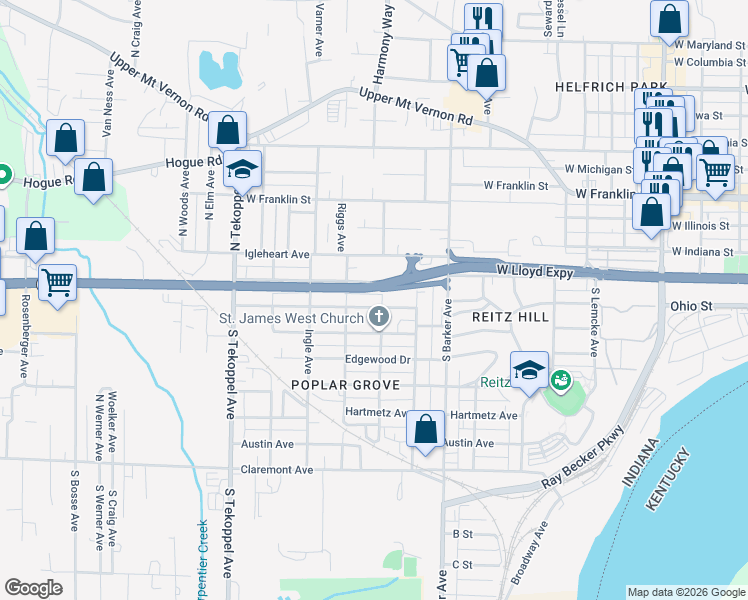 map of restaurants, bars, coffee shops, grocery stores, and more near 3117 Forest Avenue in Evansville