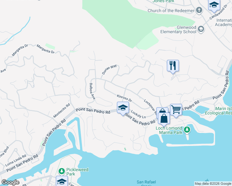 map of restaurants, bars, coffee shops, grocery stores, and more near 108 Kinross Drive in San Rafael