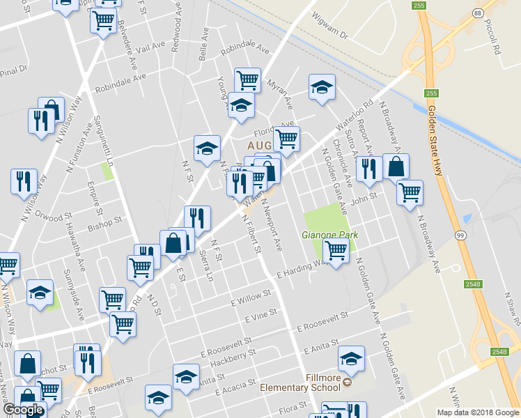 map of restaurants, bars, coffee shops, grocery stores, and more near 1705 North Newport Avenue in Stockton