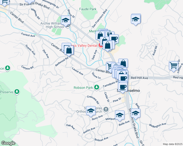 map of restaurants, bars, coffee shops, grocery stores, and more near 115 Madrone Avenue in San Anselmo